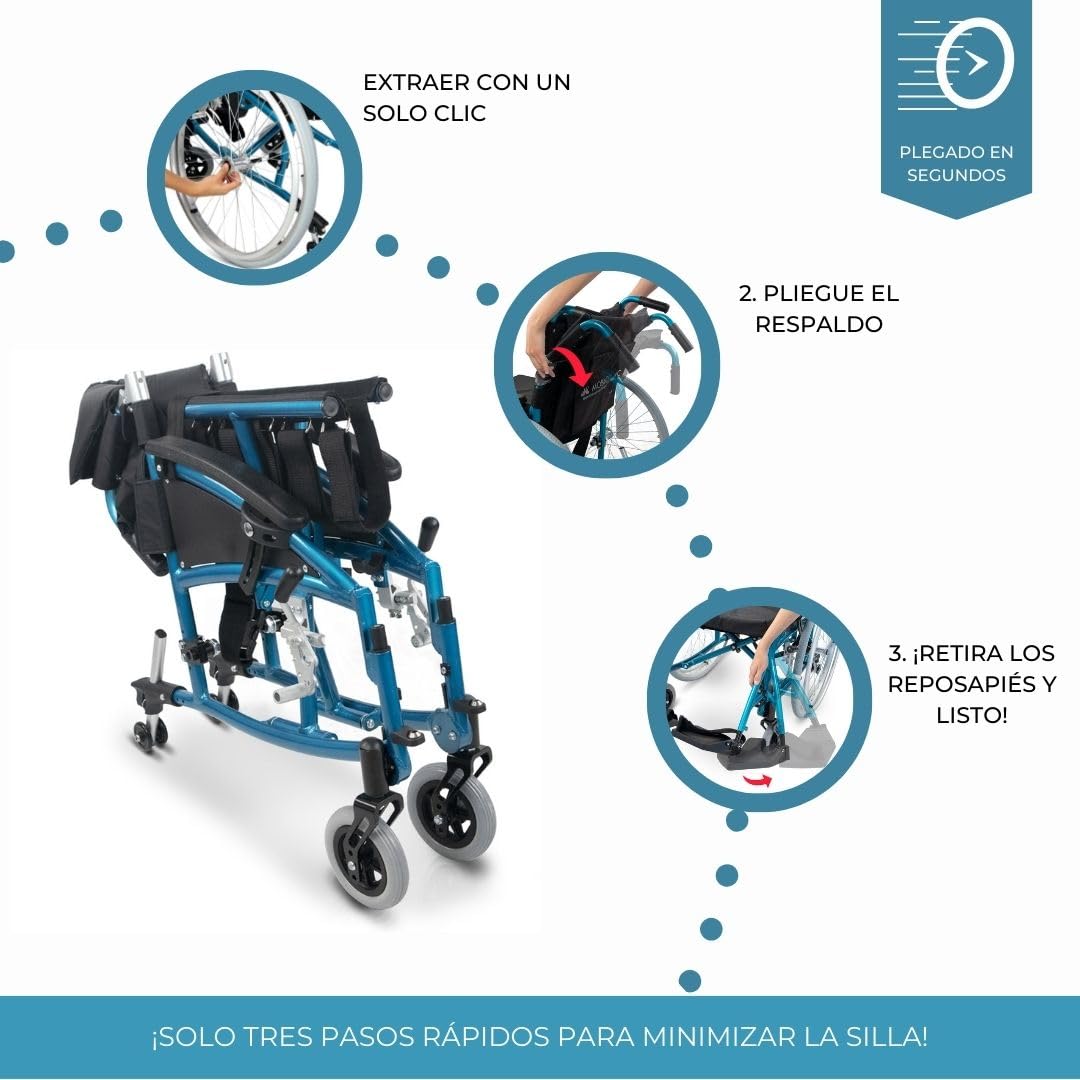 Mobiclinic® pro, Silla de ruedas venecia, Plegable, Premium, Extracción con un botón, Cojín grueso, Aluminio, Respaldo partido, Cinturón seguridad, Estética deportiva, Altura regulable
