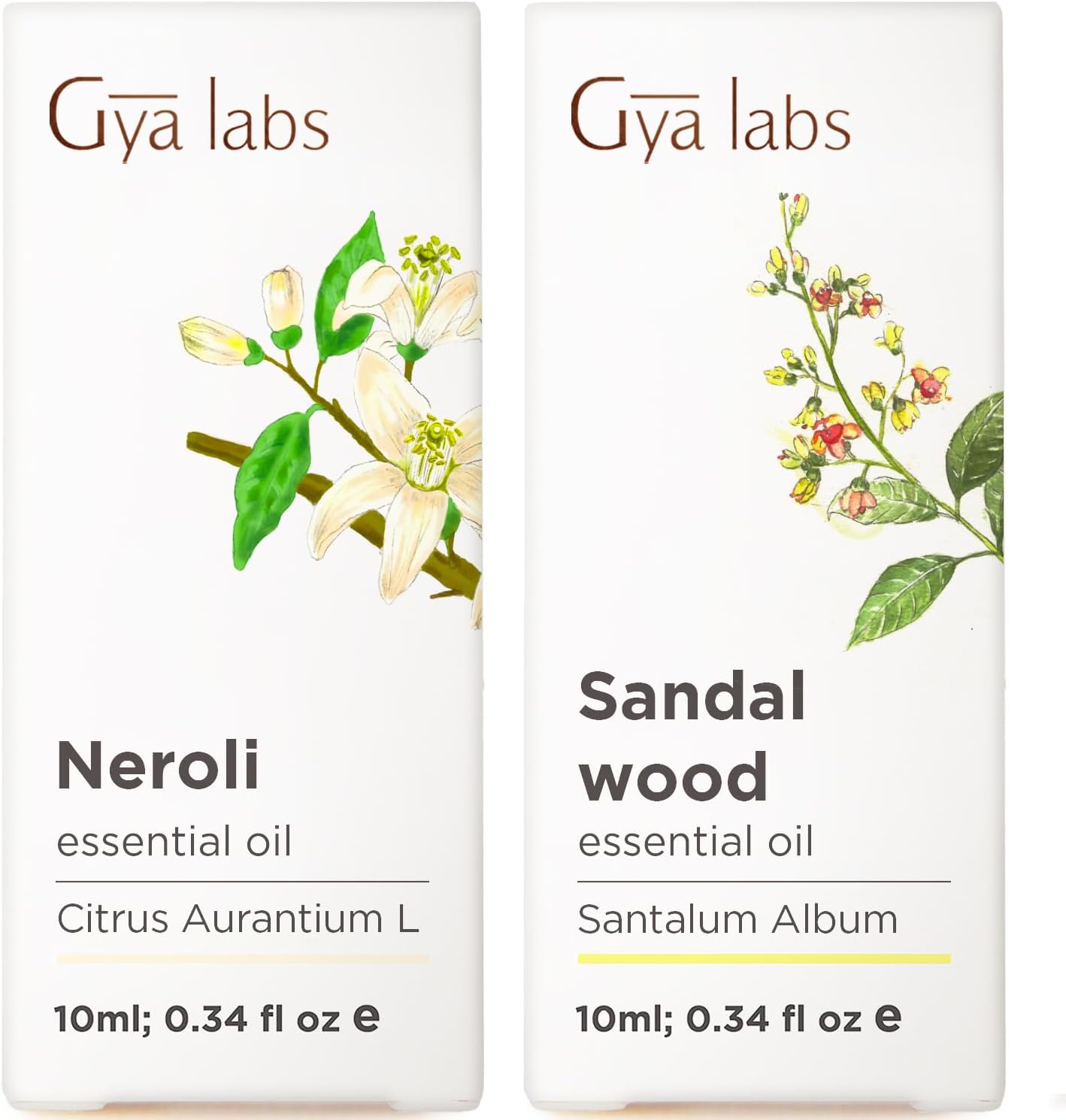 Neroli Essential Oil for Diffuser & Sandalwood Essential Oils for Diffuser Set - Aromatherapy Grade Essential Oils Set - 2x0.34 fl oz - Gya Labs