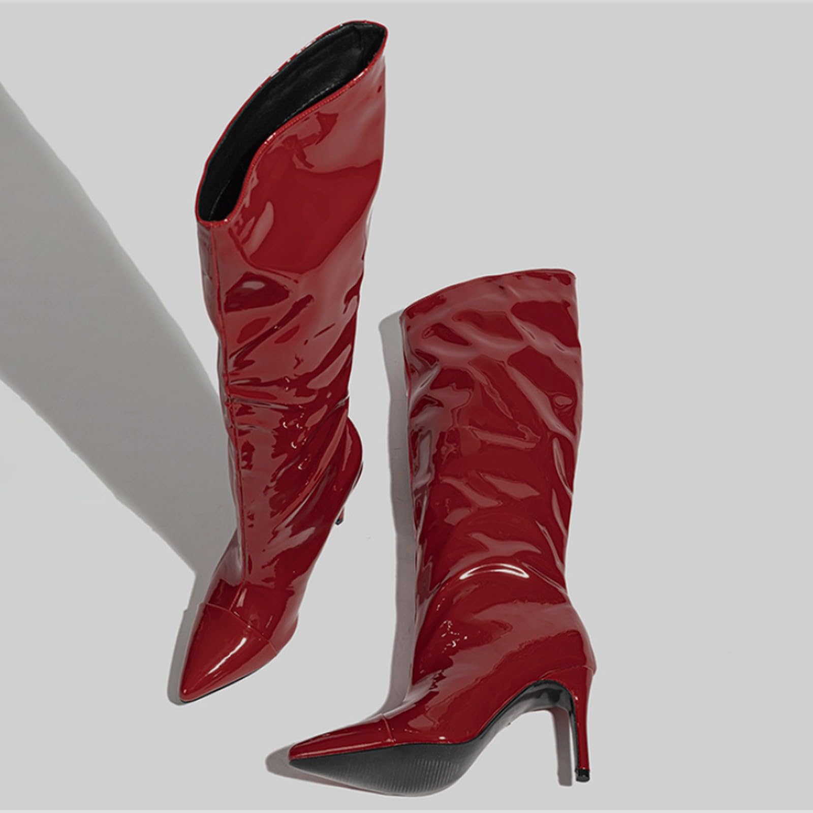 Bottes pliantes à talons hauts - Élégance et fonctionnalité - Design fin - Bottes longues en cuir verni - Avec talon - Bottes pointues élégantes - Pour femme