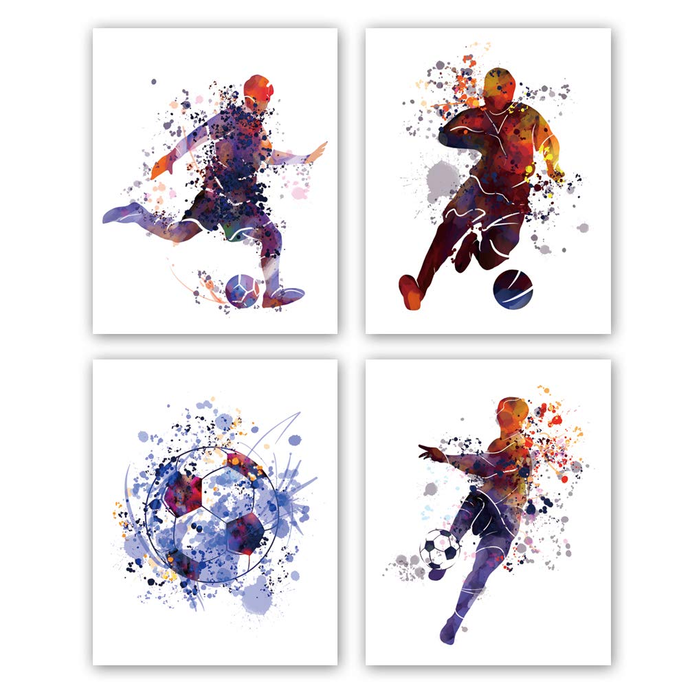XUN Watercolor Boys Football Art Print- Soccer Silhouette Sport Theme Canvas Wall Art-(8”X10”X4 Pieces, Unframed)-Perfect for Boys Football Fans Bedroom Decoration