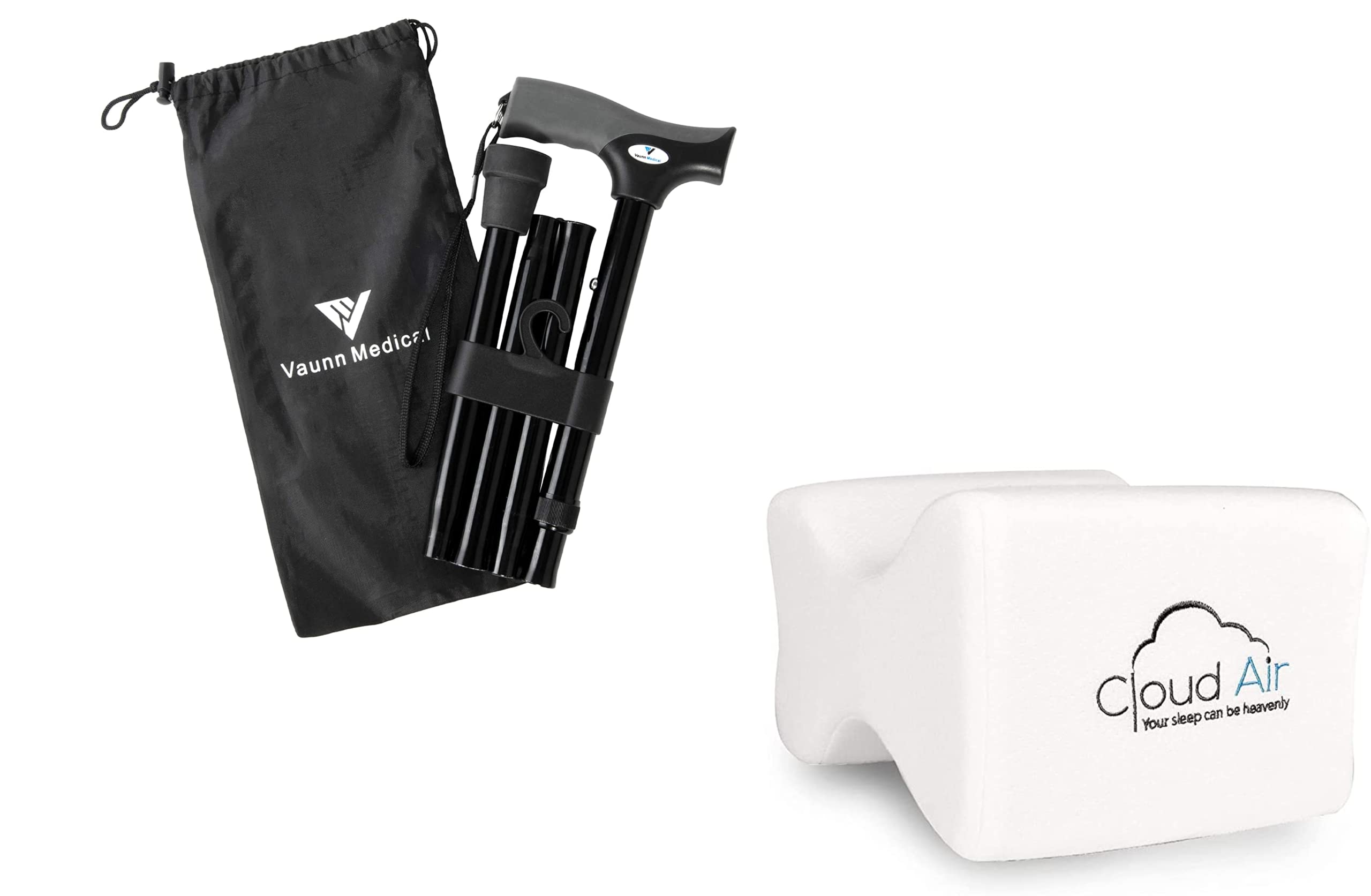 Vaunn Medical Height Adjustable Folding Cane and Memory Foam Knee Pillow Bundle