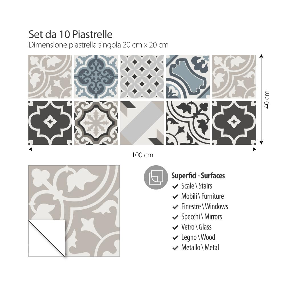 RE-COVERTILES - Adesivi Piastrelle Cucina Bagno Mattonelle adesive in PVC Impermeabili Antigraffio Stickers Decorazione Parete Cementine Peel and Stick - Modello 24 Pz 20x20 cm PS00015 Made in Italy
