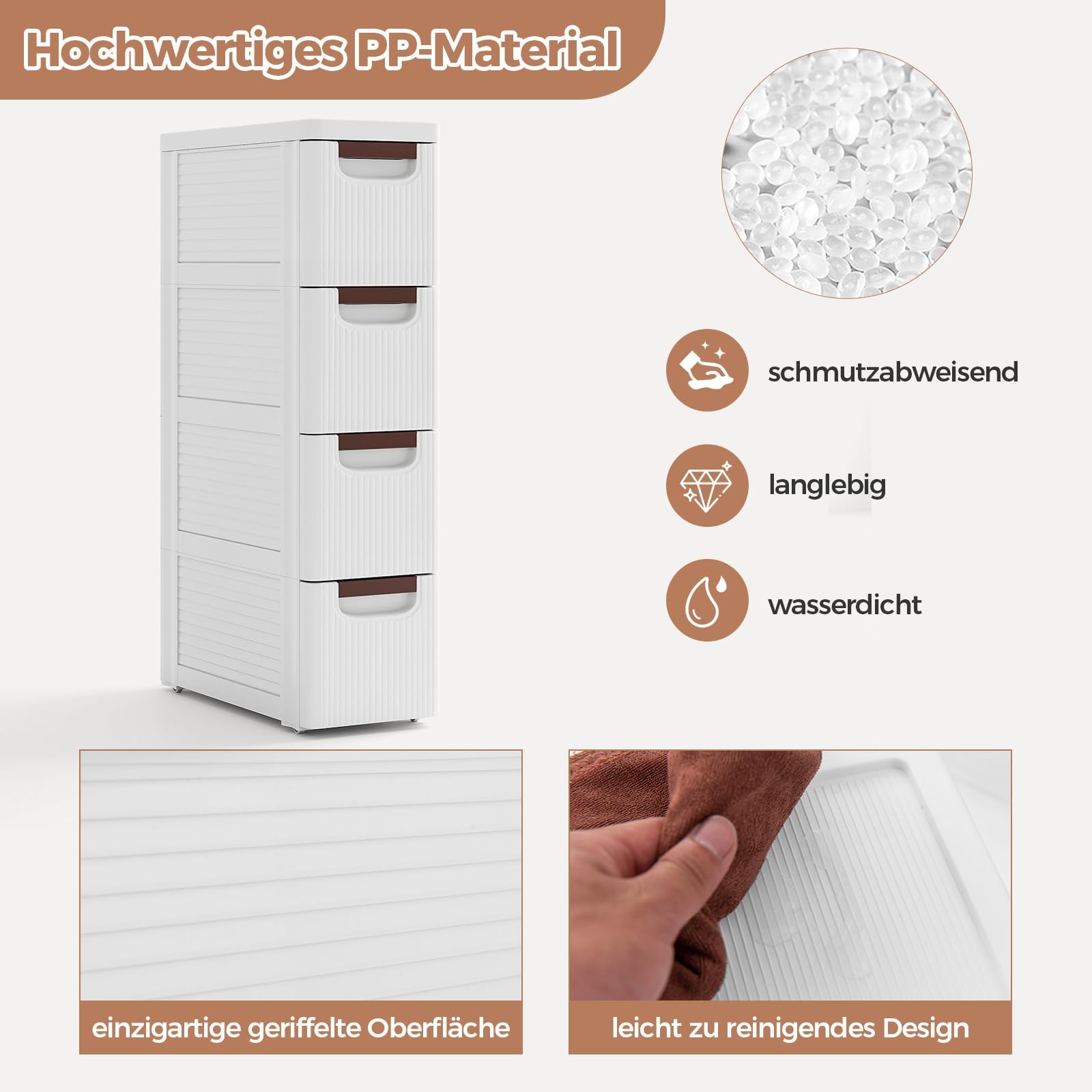FANTASK Armadio per nicchia sottile, 42 x 19 x 74 cm, con 4 cassetti, carrello per nicchia, larghezza 20 cm, con ruote, per bagno, aule, studio e salone (bianco)