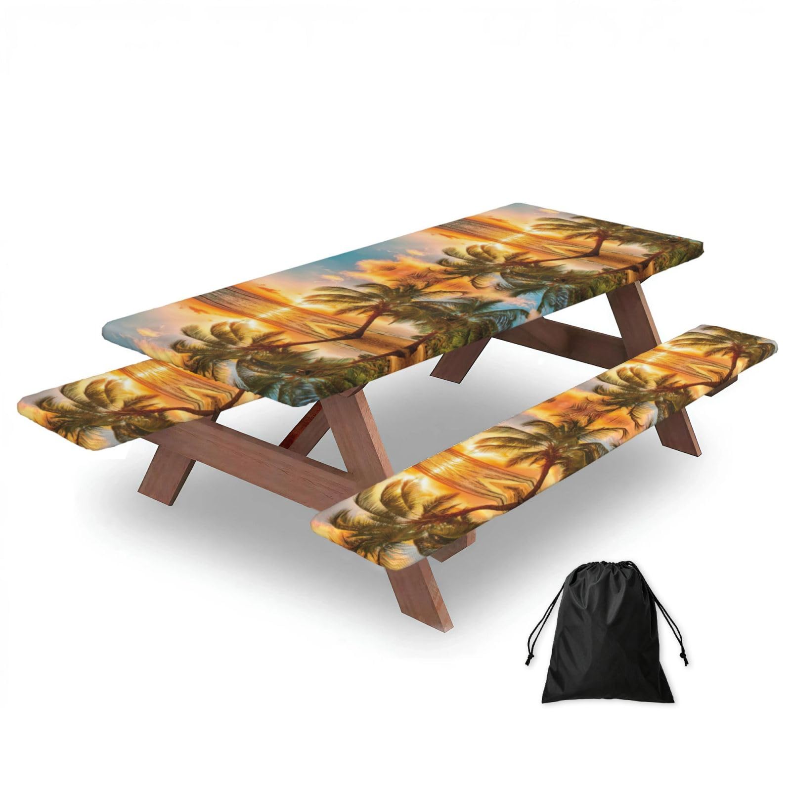 Tropical Beach Palm Tree Sunset Print 3 Pack Wipeable Picnic Bench Cover And Table Cover Lightweight Table Cloth For Camping Outdoor