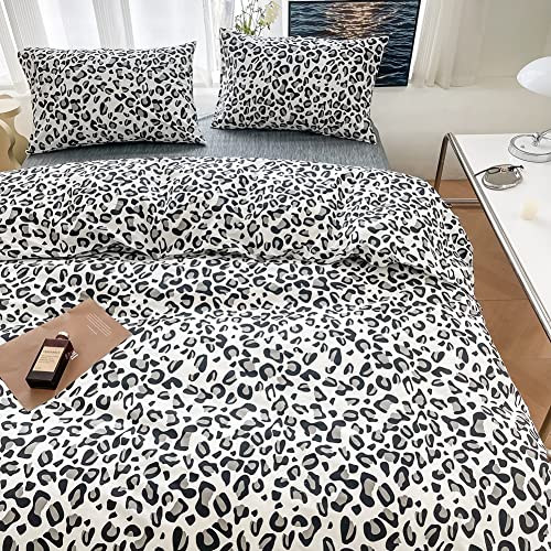 Layenjoy Leopard Duvet Cover Set Queen 100% Cotton Black Grey Cheetah Print On White Bedding 1 Safari Comforter Cover Full With Zipper Ties 2 Pillowcases For Kids Teens Boys Girls Women #TOP2