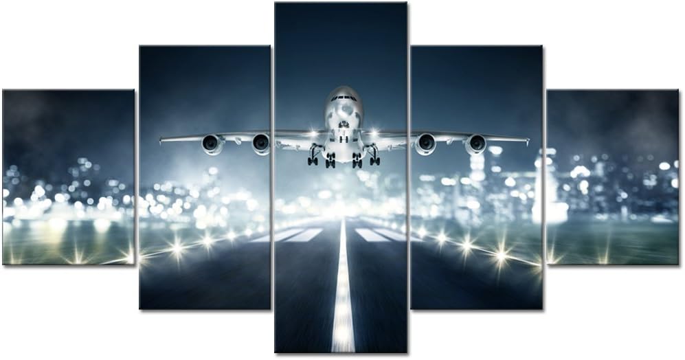 LevvArts 5 Piece Airplane Canvas Wall Paintings Jet Plane Taking Off Under Beautiful Dusky Sky Wall Art Skyline Artwork Giclee Prints for Living Room Bedroom Home Decorations