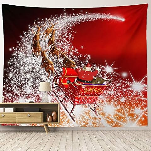 HIYOO Home Santa Christmas Tapestry Wall Hanging Fabric Art, Xmas New Year Decorations, Decor for Bedroom Living Room Party Background Photography Backdrops 90" W x 71" H - Magic Starry Sky Sleigh Cover