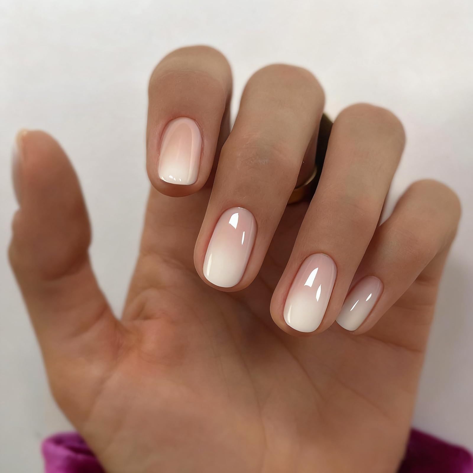 Short Press on Nails - Square False Nails with Glue - 24PCS Ombre Fake nails Extra Glossy - Nude White Gradient Stick on Nails - 12 Sizes Glue on nails for Women Girls DIY French Manicure Elegant