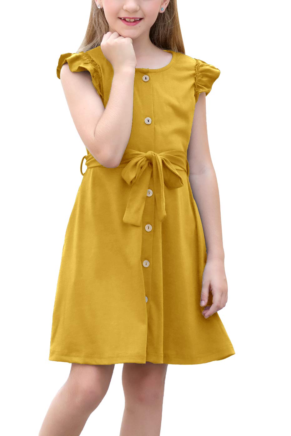 GORLYA Girl's Ruffle Trim Sleeve Button Down Floral Print Casual Vintage Midi Dress with Pockets for 4-12 Years Kids 14 Years Yellow