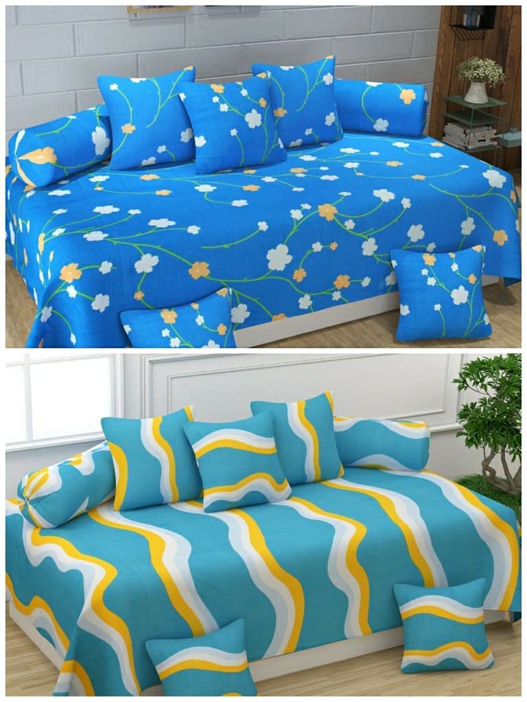 Microfiber Unique Patterns Combo of 2 Diwan Set Covers 8 Pcs Set |2 diwan bedsheet, 10 Cushion Covers, 4 Bolster Covers| (Blue Lehar & Blue Orchid)-image-21
