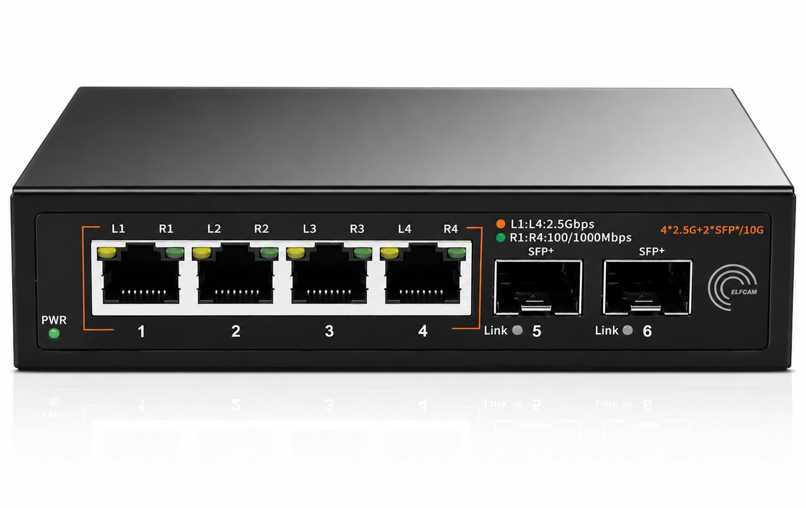 Elfcam® - 10Gb Commutateur Switch Fibre Optique Compatible avec Freebox Ultra et Orange Livebox 6, avec 2 Ports 10G SFP+ et 4 Ports 2,5 Gigabit Ethernet RJ45, Rallonge Votre Réseau 10Go