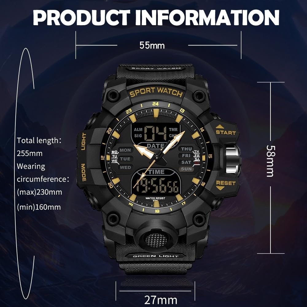 findtime Montre numérique pour Homme - Montre Tactique d'extérieur Militaire - Grand Cadran - Étanche jusqu'à 5 ATM - Chronomètre - Compte à rebours - Alarme - Rétroéclairage LED - Résistante aux