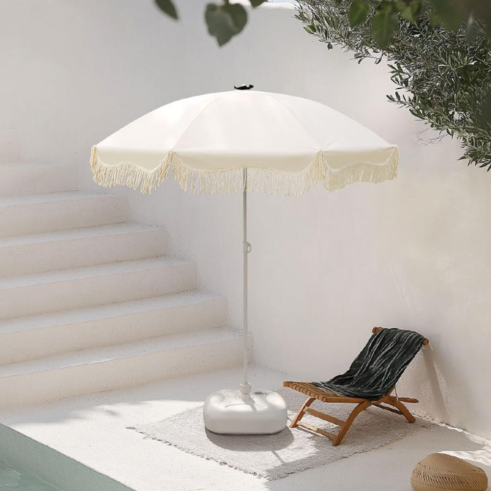 Sombrilla de Patio Boho de 180 cm con Flecos, Sombrilla de Playa Portátil para Mesa, Jardín la Piscina,Impermeable y con Protección UV