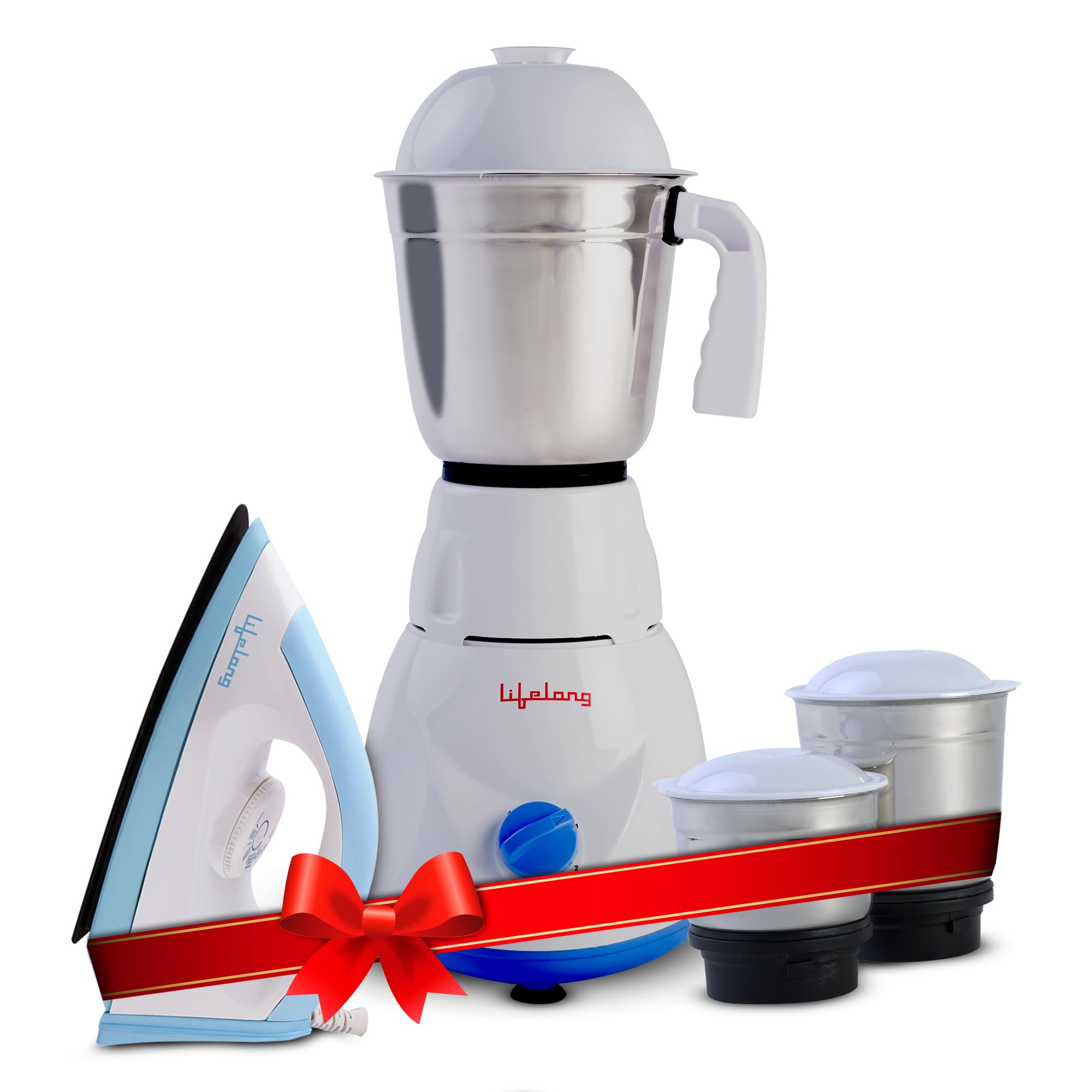 Lifelong Power - Pro 500 Watt 3 Jar Mixer Grinder with 3 Speed Control and 1100 Watt Dry Non-Stick soleplate Iron Super Combo 1 Year Warranty (White and Blue LLCMB02)