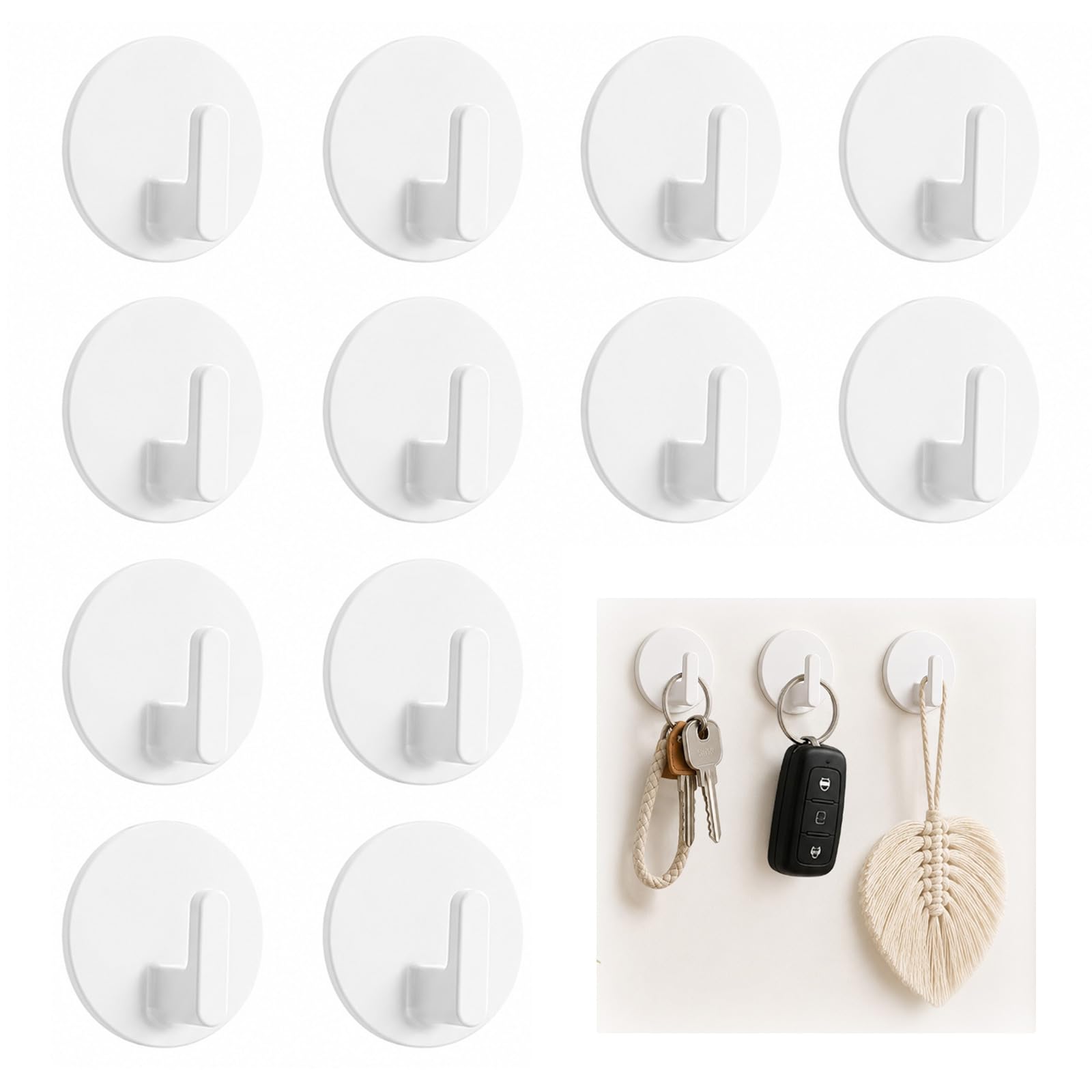 GDFGMY 12 Pack Round Self Adhesive Wall Hooks, No Drill Strong Sticky White Plastic Hanging Hooks for Bathroom Kitchen Keys Utensils