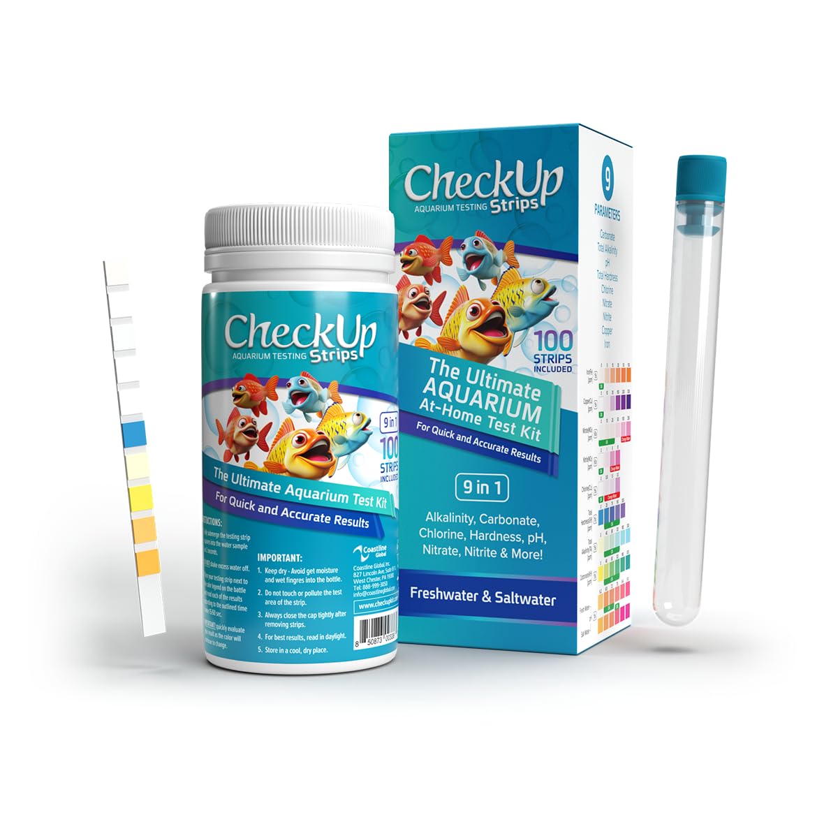CheckUp Aquarium Test Strips | Test Kit for Freshwater, Saltwater, Pond, Fish Tank | 9 Parameters Test for Iron, Copper, Nitrite, Nitrate, Chlorine, Hardness, pH, Alkalinity and Carbonate | 100 Strips