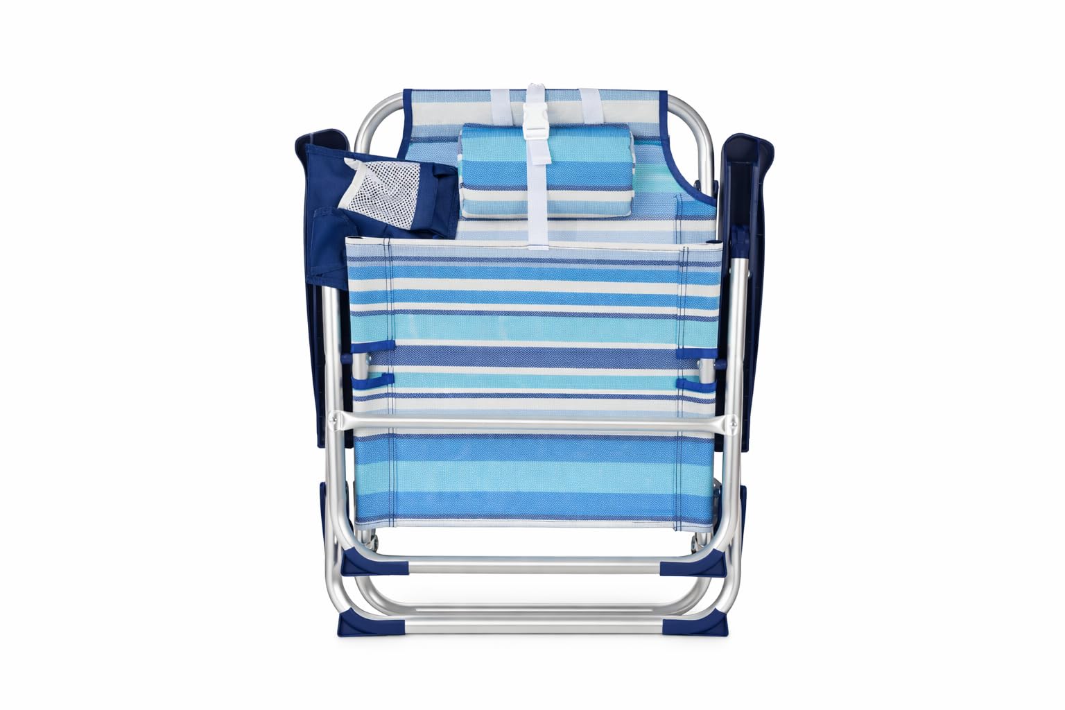 ARW - Silla de Playa Plegable con Bolsillo Lateral, 5 Posiciones Reclinables, Estructura de Aluminio Ligera, Cojín Reposacabezas, Asas Mochila y Cierre Clic, Soporta 110 kg (Rayas Azules 1 Unidad) — view 7