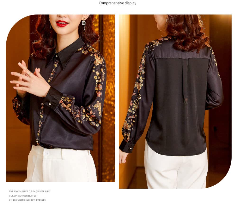 Damen-Hemd Mit Knopfleiste,Leichtes Damen-Revers-Button-Down-Blumendruck-Satin-Blusen-Hemd Mit Langen Ärmeln, Schwarzes Tunika-Hemd, Chiffon-Oberteile, Lässig, Büro, Business-Bluse Für Mädchen, Dame
