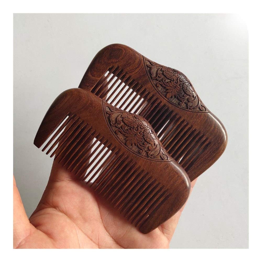 MRKU Cepillo de cerdas de sándalo Negro Dorado Natural de Bolsillo, Dientes superestrechos, sin estática, Forma de Peine para Barba y piojos.