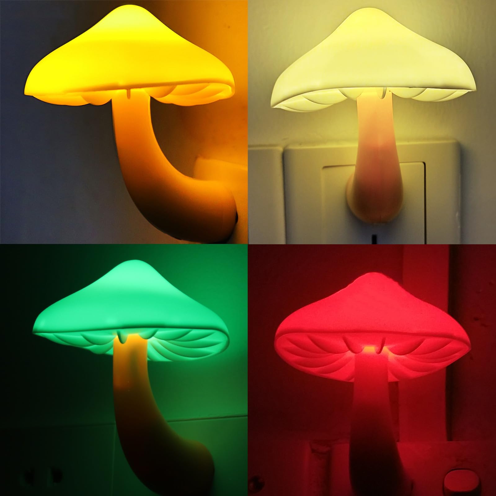AUSAYE Lot de 4 veilleuses à brancher en forme de champignon, veilleuses LED pour enfants, adultes, chambre à coucher, salle de bain, couloir, escaliers, cuisine, multicolore
