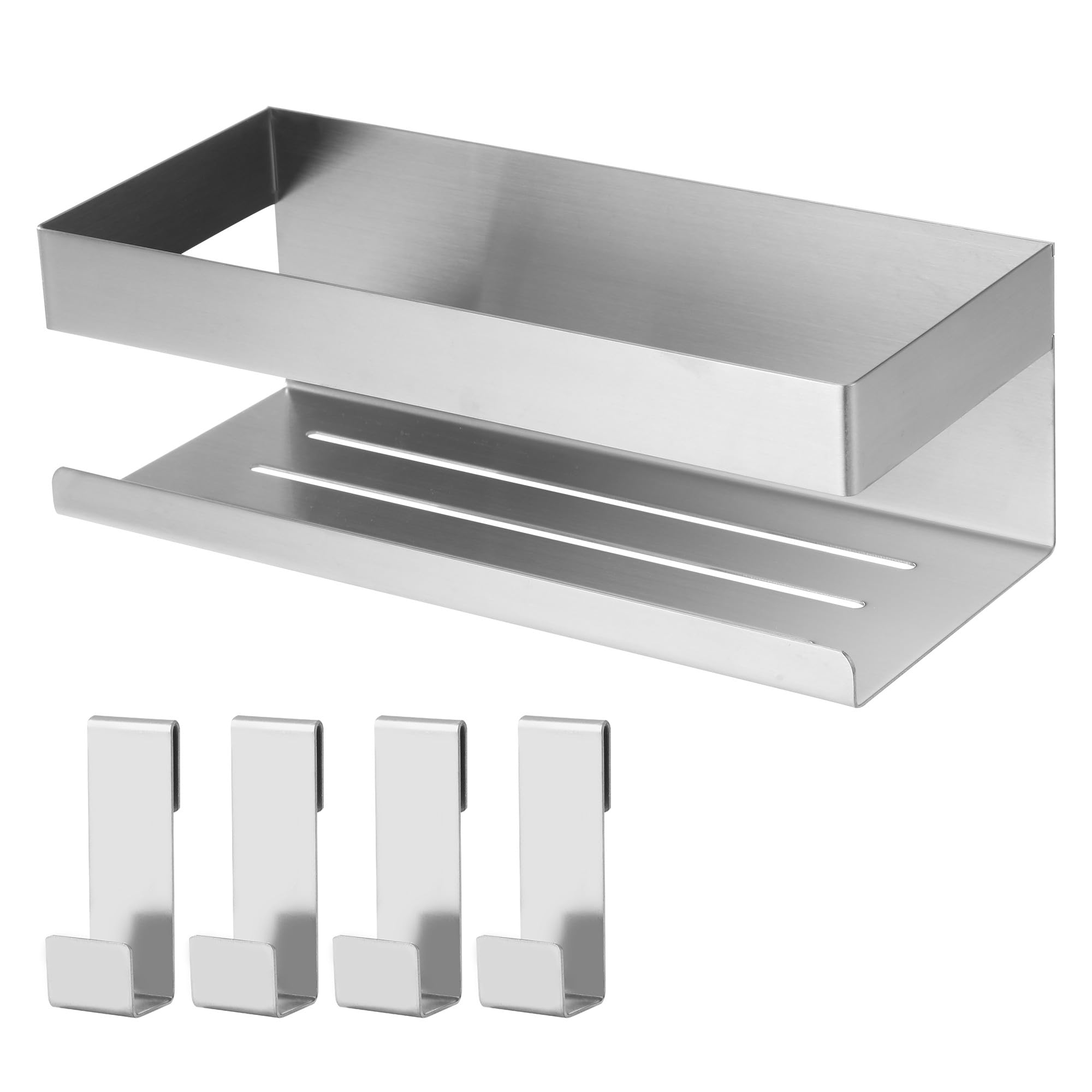 Estanteria Baño de Acero Inoxidable SUS304 con 4 ganchos,Estante de ducha autoadhesivo para baño,Adecuado para baño, cocina