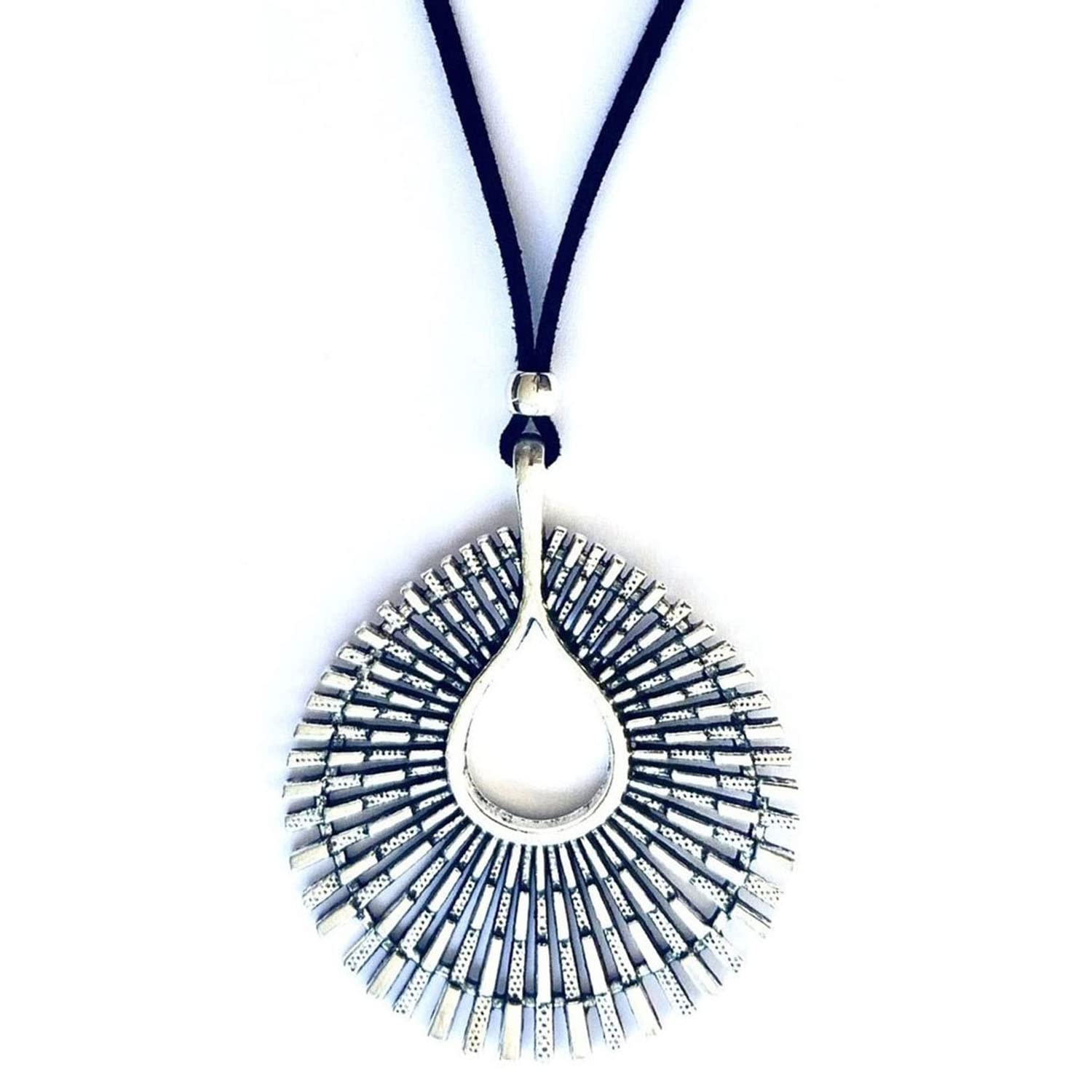 ASTER ALHELÍ Collar con Colgante Grande Etnico Plata o Bronce - Colgante Mujer Hombre Gota de Agua Cadena de Antelina - Altura Ajustable - Ideal para regalo - Sol Etnico (Plata)