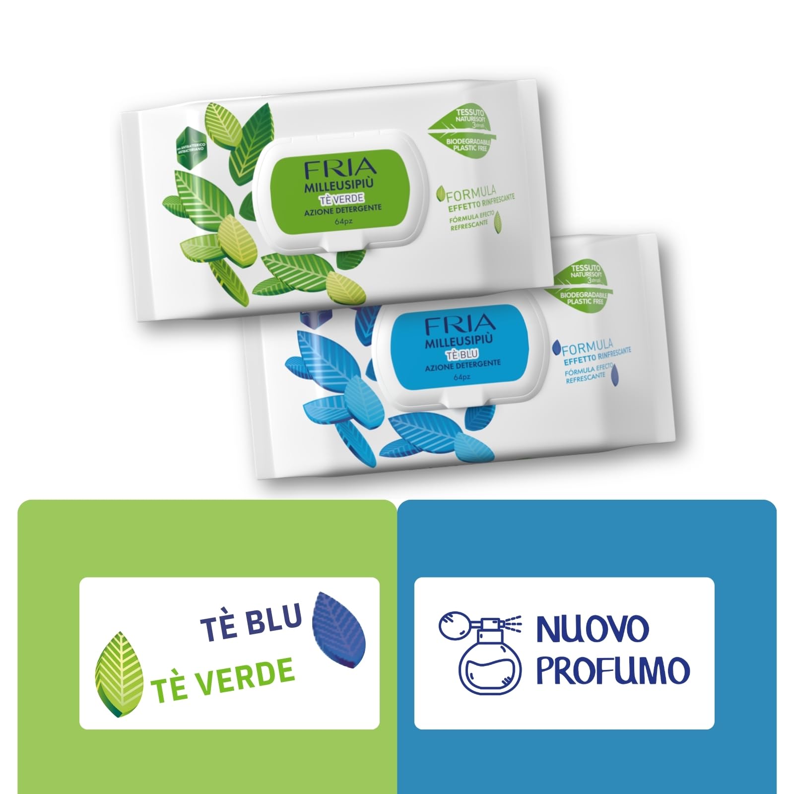MilleusiPiù Tè Verde & Tè Blu Salviette Multiuso Rinfrescanti Antibatterico Tessuto Fibrasoft 3 Strati Biodegradabile 64 Salviette