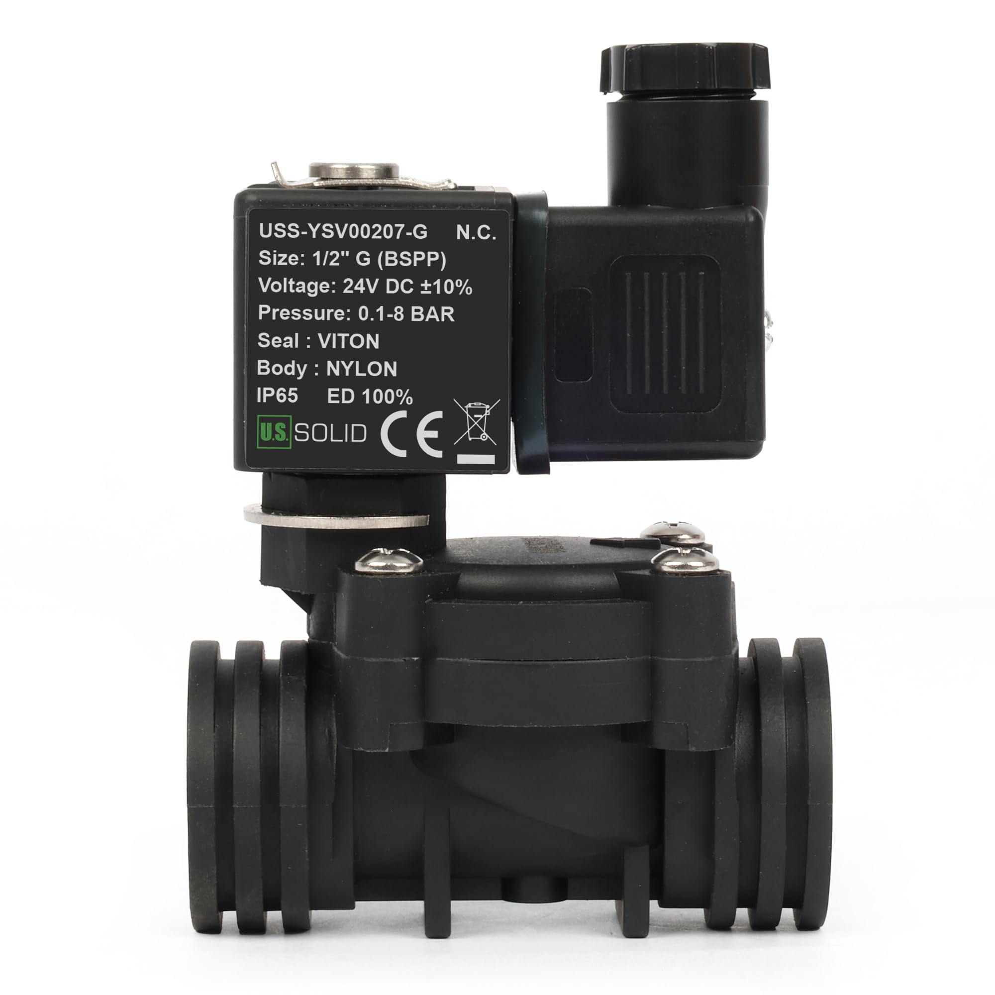 U.S. Solid Electroválvula de plástico (nailon) 1/2" G – 24 V DC, 0,1 – 8 bar, cerrado sin corriente, junta VITON para agua, aire