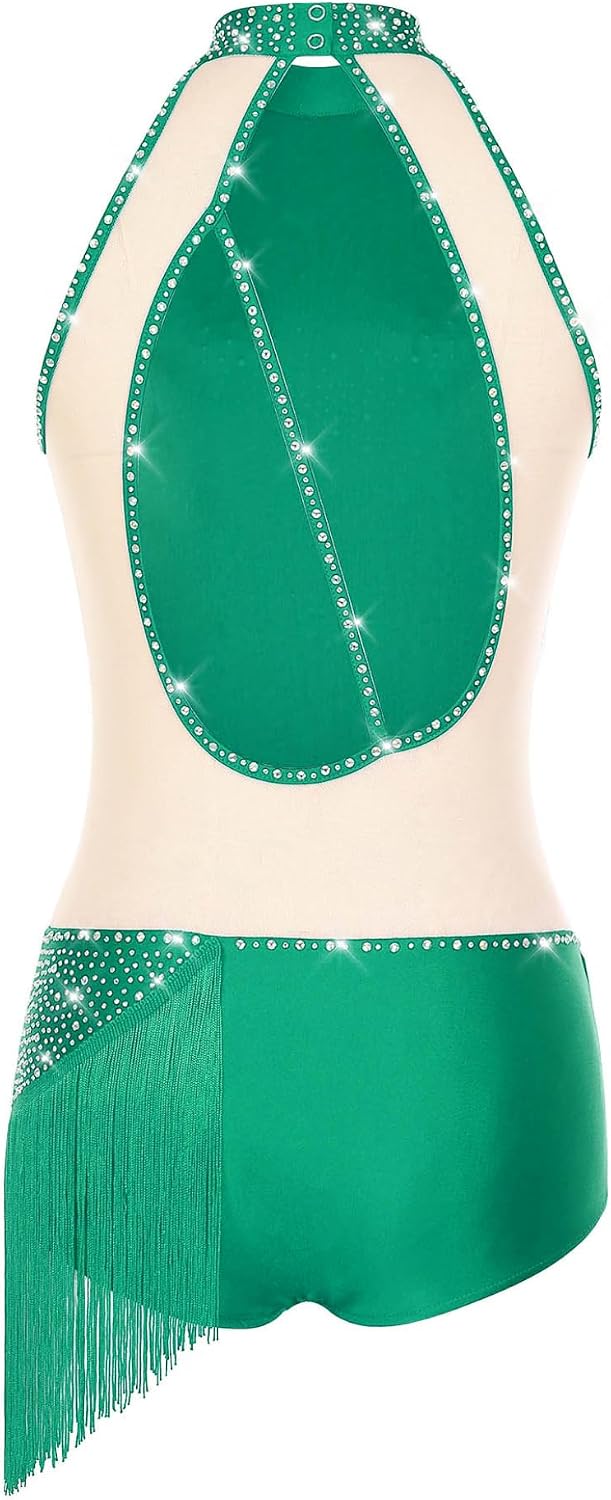 Women Rhinestones Fringe Bodysuit Sparkly Tassel Latin Jazz Dance Costume | Lyrical Dance Leotard Dress,Sleeveless Halter Neck,Athletic,Bodysuit Dance Top,Gymnastics Competition,stage performance