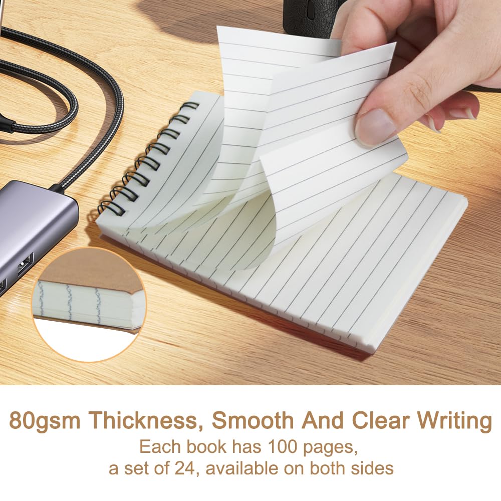 wavamawa Notizblöcke, klein, 7,6 x 12,7 cm, Spiralblock, Büro-Stil, Mini-Notizblock, Taschenformat, Taschennotizbücher für Zuhause, Uni, Arbeit oder Schule, liniertes College-Papier, 24 Stück