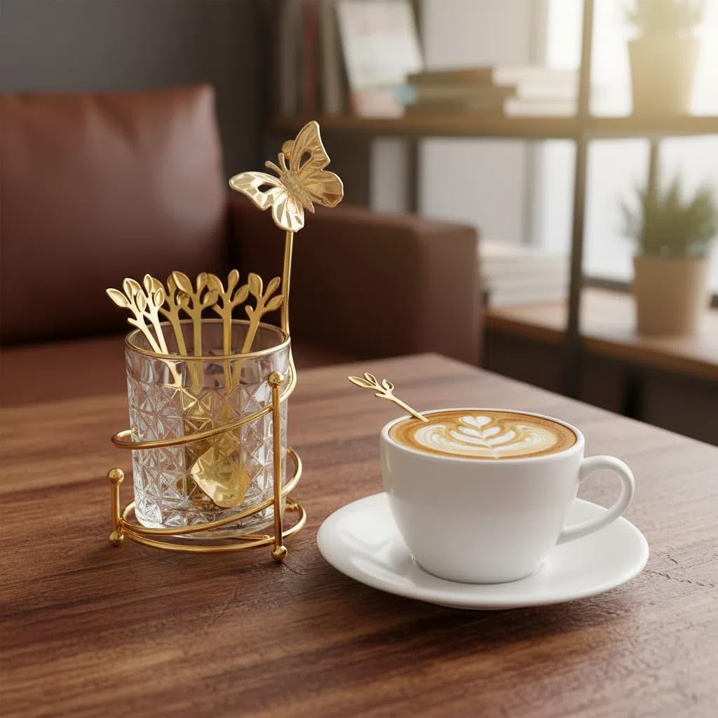6PCS Coffee Spoons Set with Glass Holder,Small Stainless Steel Gold Tea Spoon,Mini Dessert Spoons Set for Fruit,Stirring, Mixing, Sugar, Ice Cream, Cake (6 x Spoons)