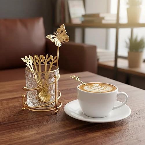 Miniatura 6 de Juego de 6 cucharas de café con soporte de vidrio, Juego de cucharas pequeñas de té de acero inoxidable dorado, Juego de mini cucharas de postre