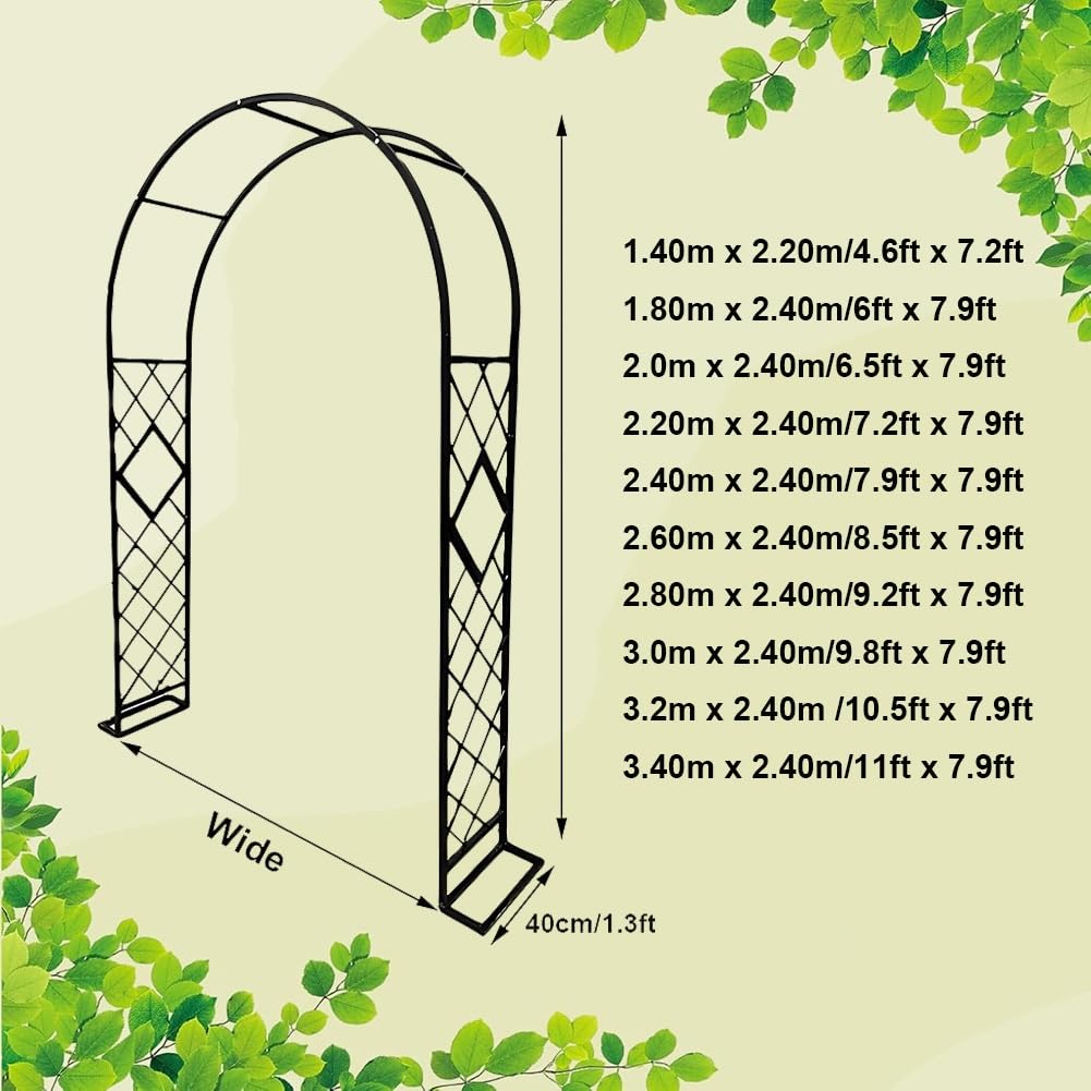 Wytrzymały łuk ogrodowy na rośliny pnące, róże, winorośl, zagęszczony metalowy altana, dekoracja ślubna, łuk pergola na trawnik, patio 1,40 m, 1,80 m, 2,0 m, 2,20 m, 2,40 m, 2,40 m, czarny, 2