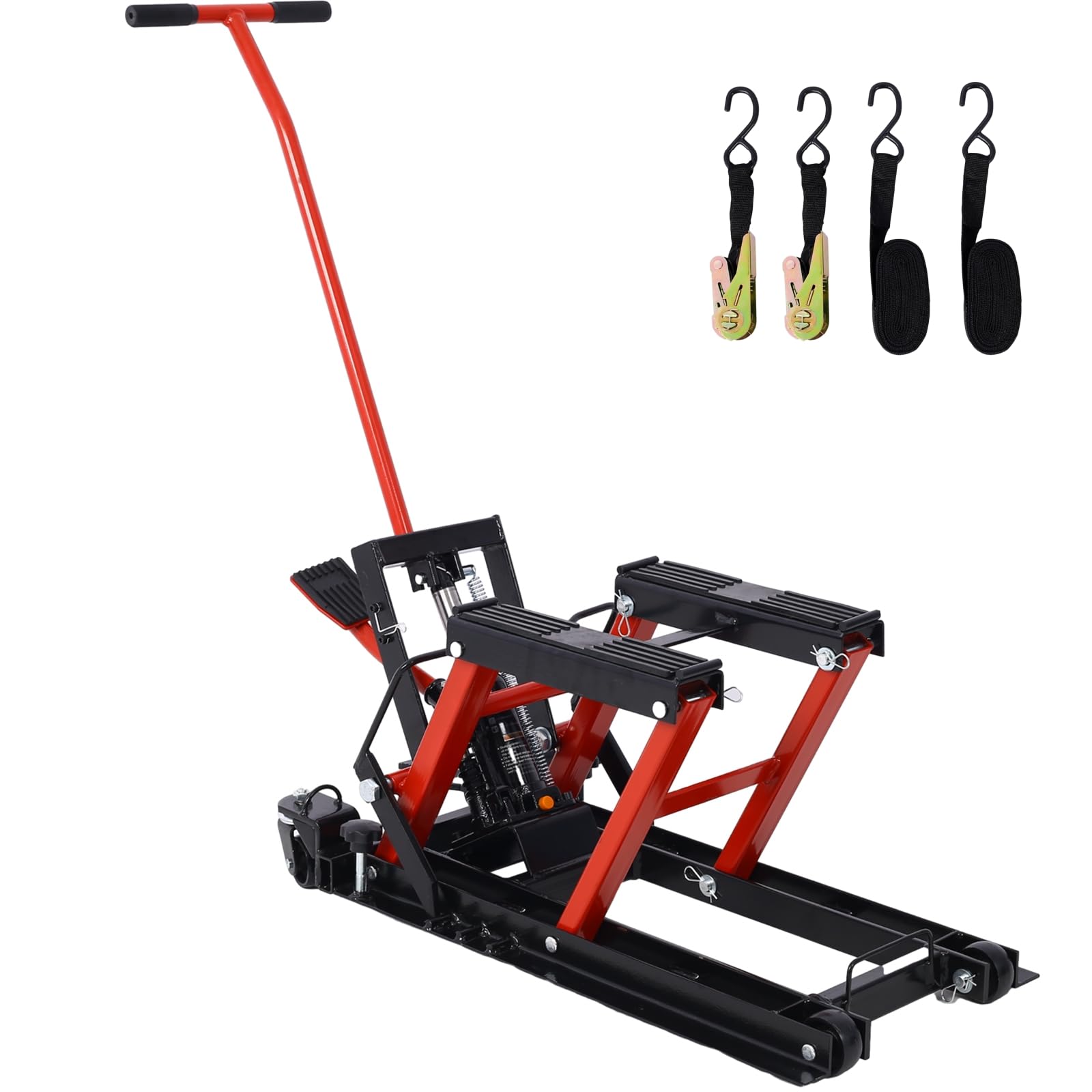 PULLAFUN Hydraulic Motorcycle Lift Jack - 1500 LBS Capacity | Portable ATV Scissor Jack Stand with 4 Wheels - Foot-Operated Hoist for Motorcycle, ATV UTV | with tie Down