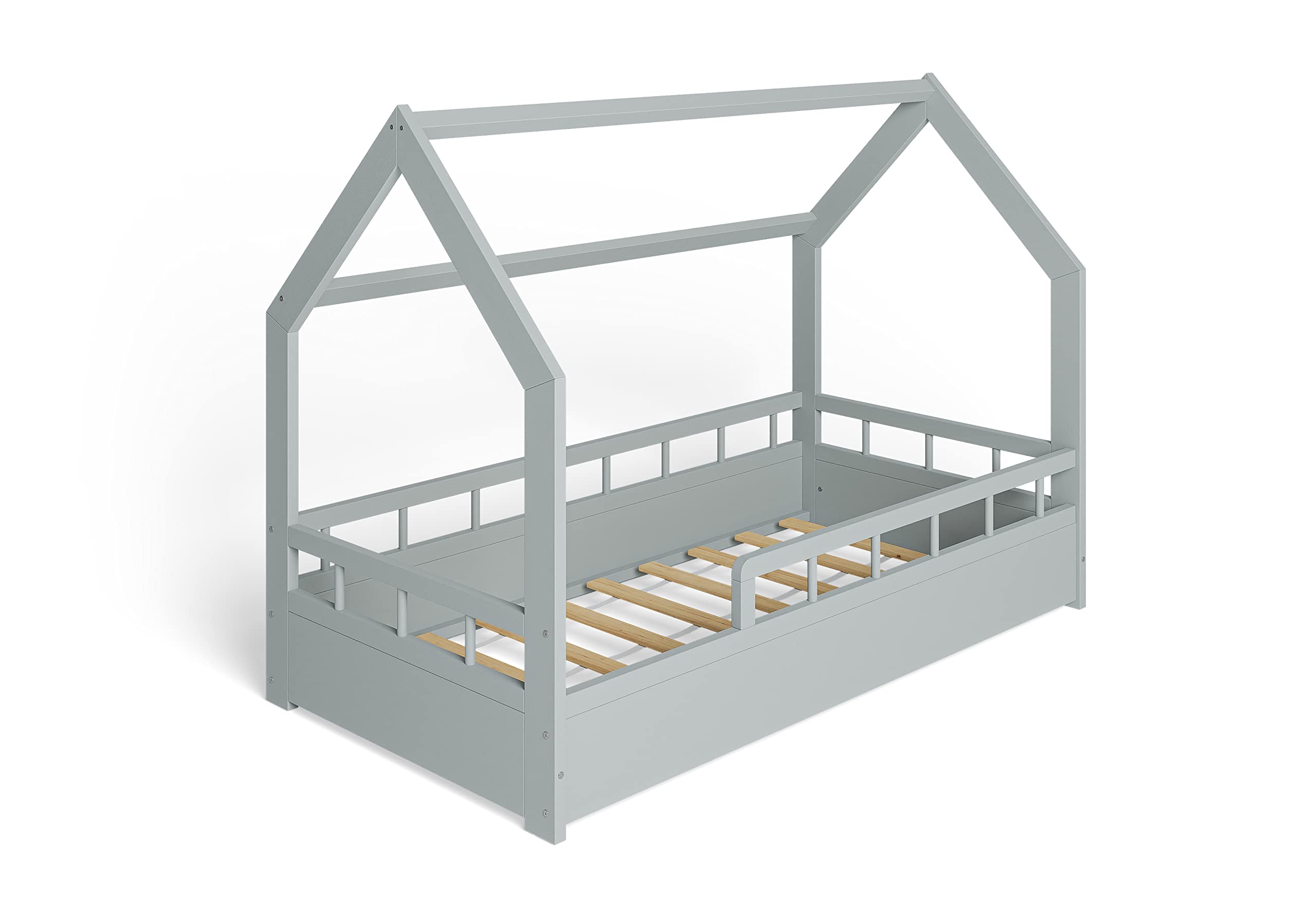 MS FACTORY Letto Casetta in Massello 80x160cm con Telaio a Doghe - Letto per Bambini Singolo con Sponda Anticaduta - Stile Scandinavo Nordico Montessori - Mezze Barriere Grigie