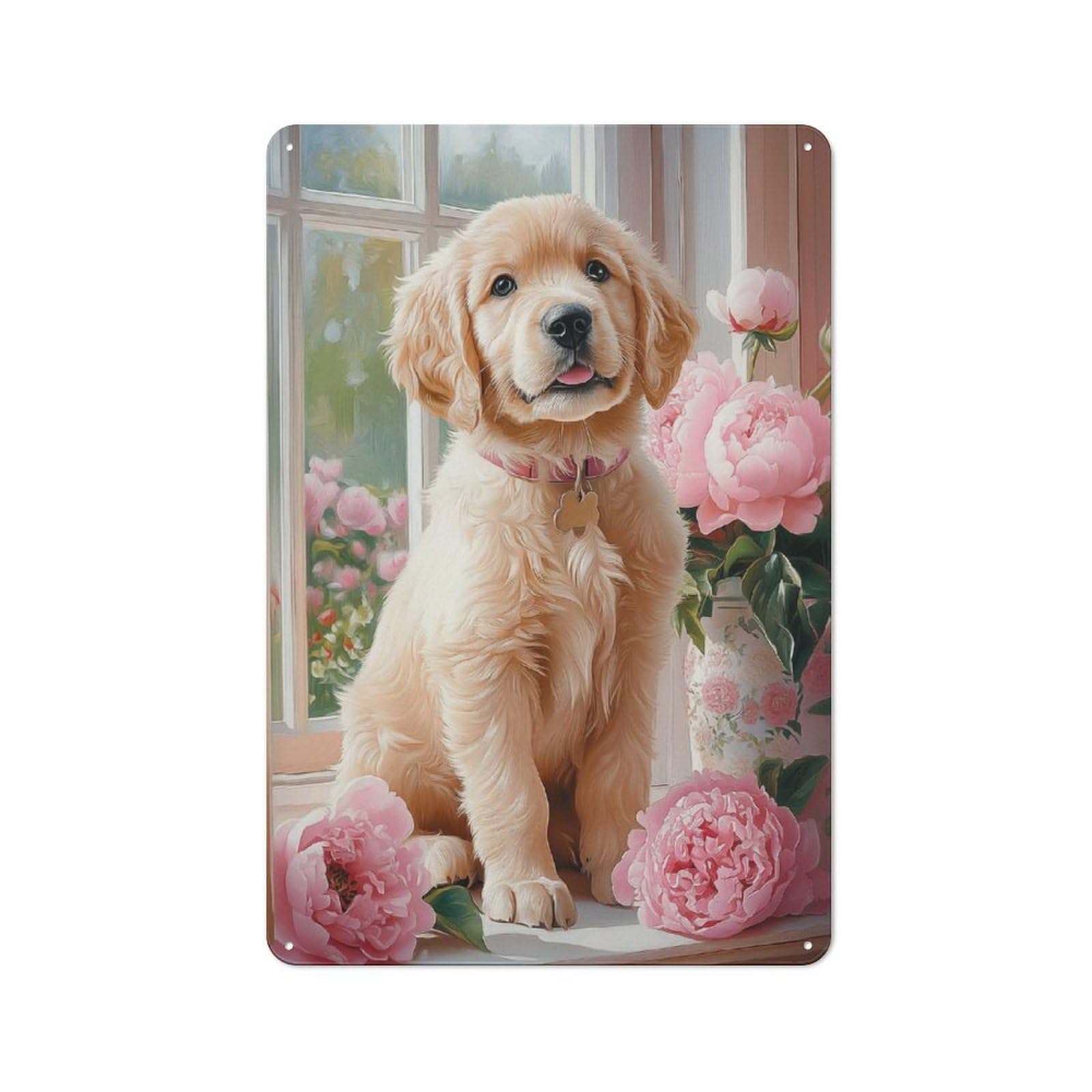 Understated Office Metal Sign 30x20cm Featuring Golden Retriever Puppy with Peonies, Studio Wall Plaque for Office, Study, Studio Or Hallway