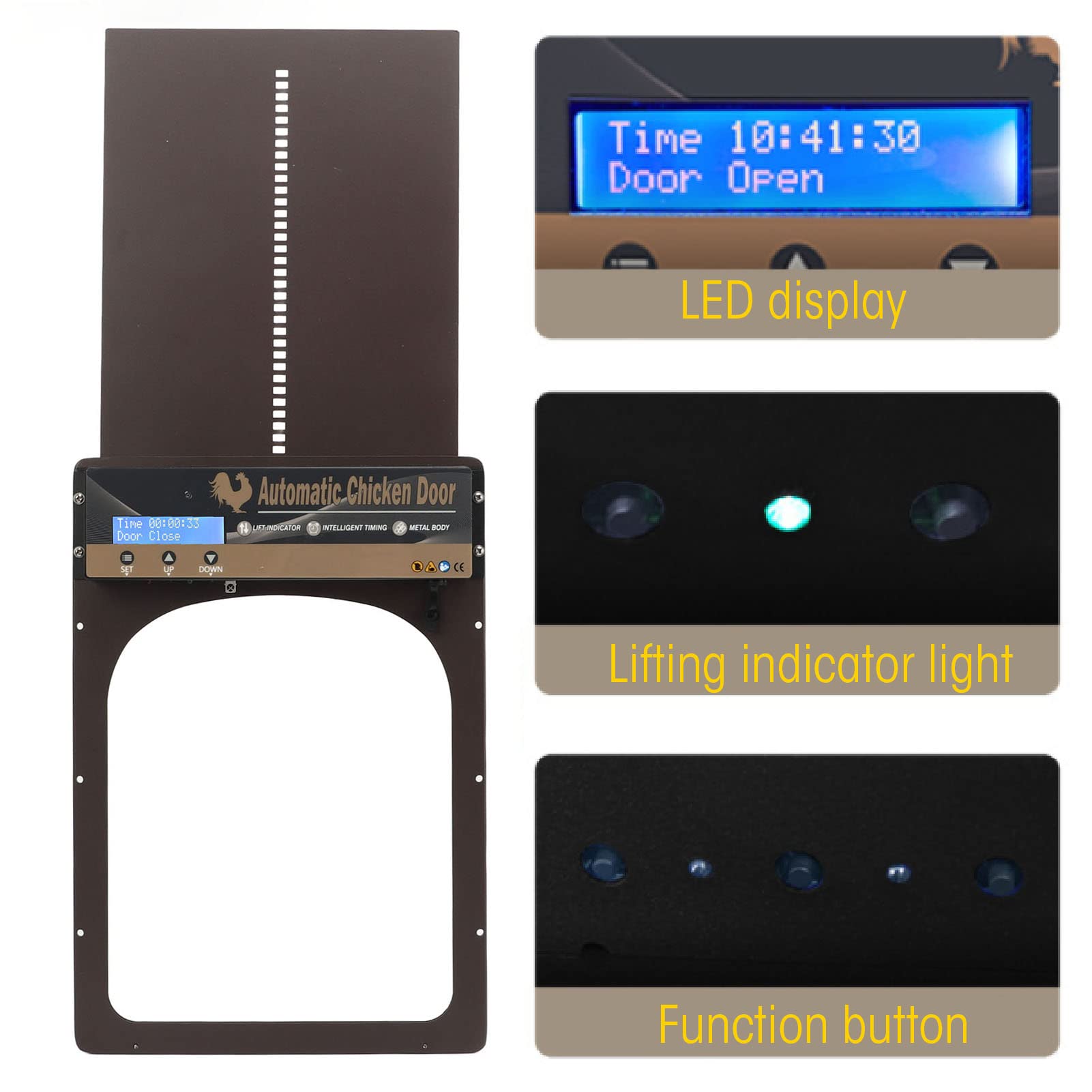 Porta automatica per pollaio, display a LED in alluminio Porta per pollaio apriporta per polli con timer, rilevamento della luce e telecomando per allevamenti domestici intelligenti, alimentata a ba