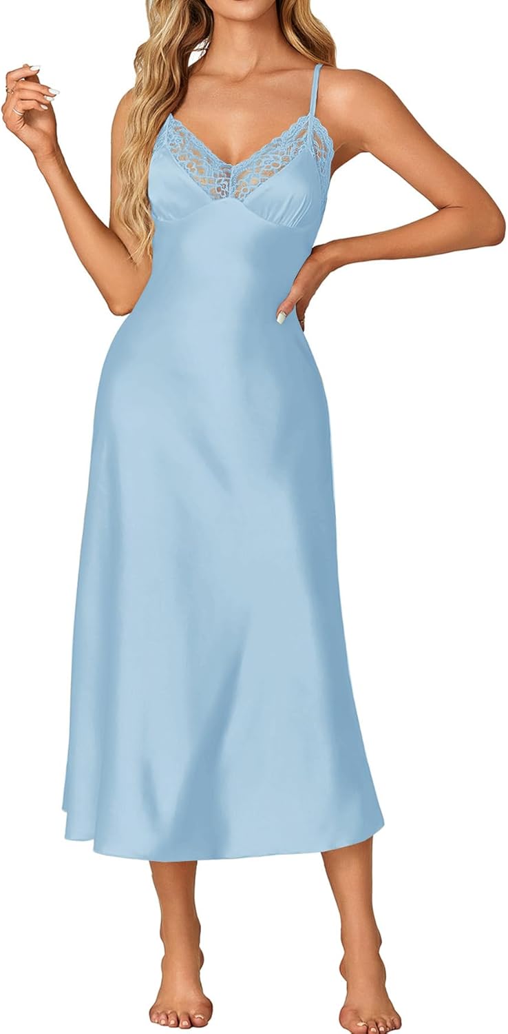 OPOIPIN Women's Satin V Neck Lace Trim Spaghetti Straps Sleeveless Chemise Lingerie Nightdress Nightgown - Image 6