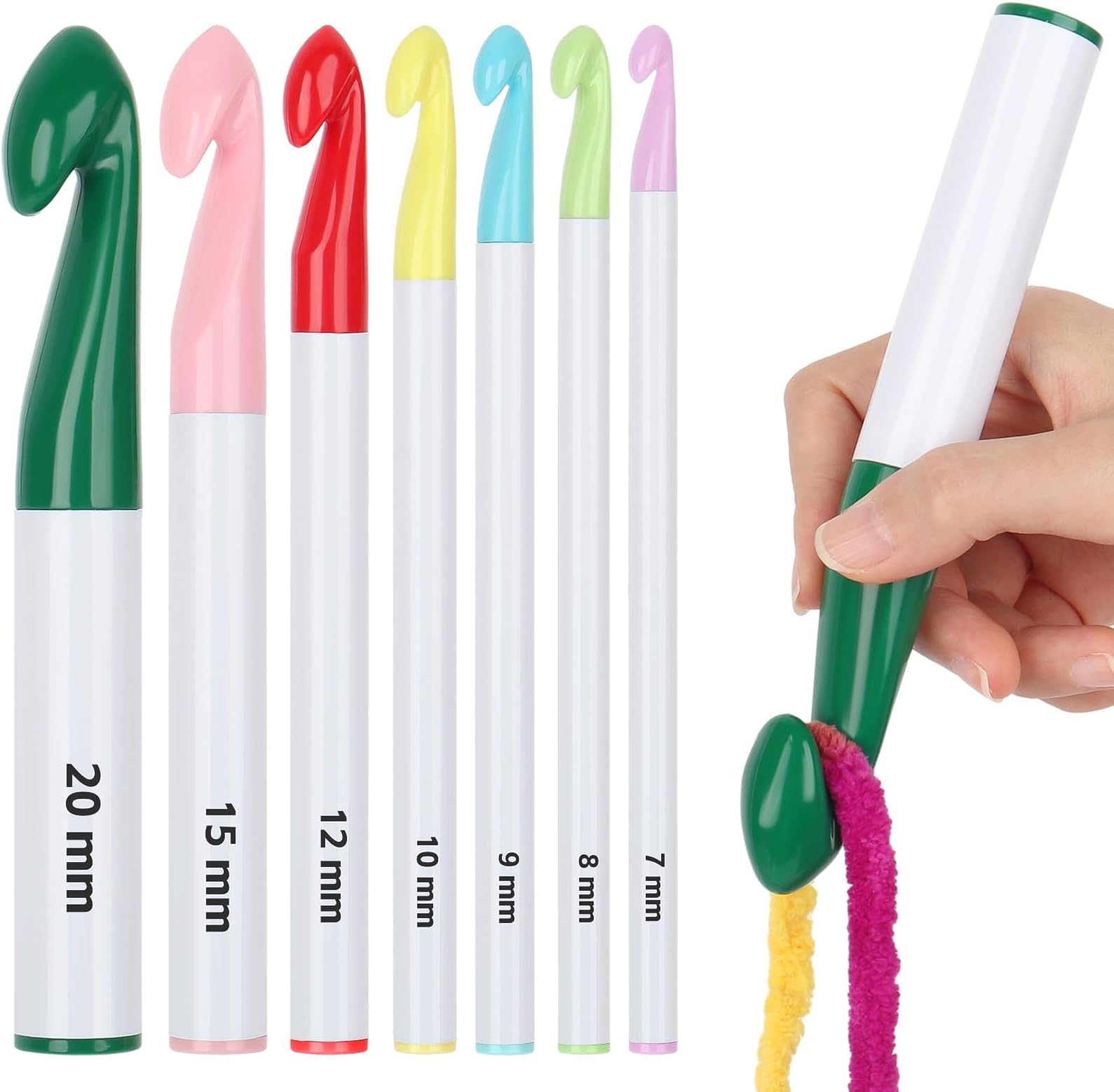 Crochet Hooks Large 20mm 15mm 12mm 10mm 9mm 8mm 7mm, Ergonomic Crochet Hook for Super Chunky Yarn, Big Crochet Kit for Beginner Adults and Children, Starter Crochet Set, Plastic