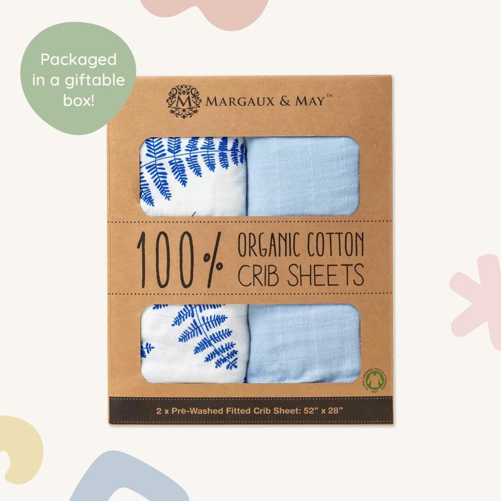 Margaux & May Organic Muslin Crib Sheet 2-Pack – 100% Organic Cotton, Fitted Crib Mattress Sheet, Soft & Breathable, Standard 28” x 52” Baby Crib Sheet, Blue Fern and Classic Blue Print