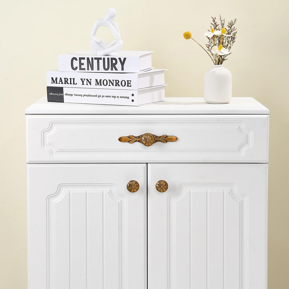 Cabinet Hardware Handle, 20 Pack Antique Brass Knobs & Plates, Zinc Alloy, for Cabinets and Drawers, 1-1/4’’ Flower Vintage