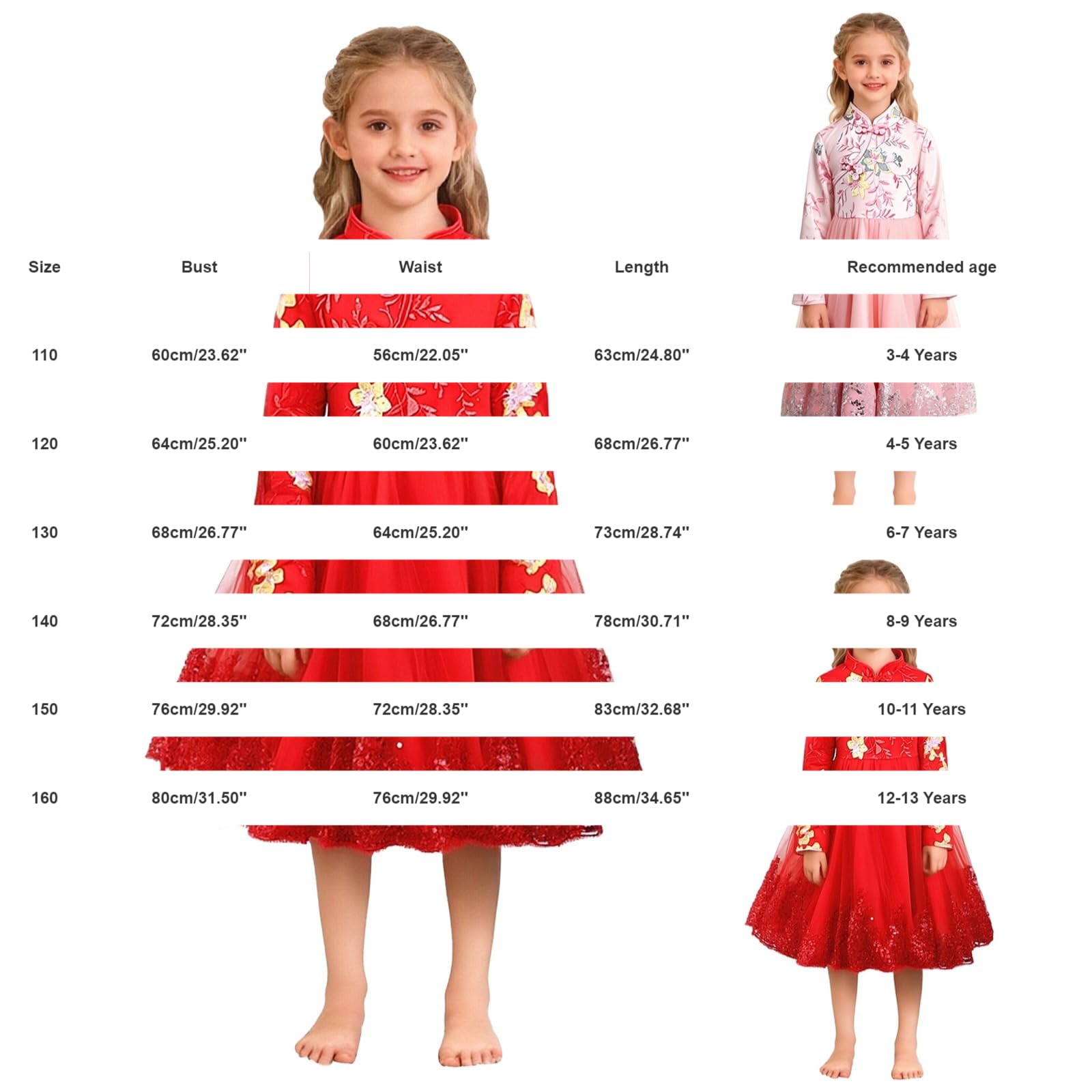 Chinesisches Kleid für Mädchen, Qipao, Blumenmuster, lange Ärmel, A-Linie, Neujahr, Geburtstag, Hochzeit, Cheongsam, Kinder, traditionelles Festival-Outfit