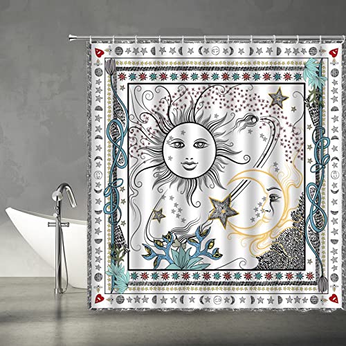 Ysatnsft Sun And Moon Shower Curtain Burning Stars Universe Starry Sky Mandala Celestial Abstract White And Black Decor Medallion Mystic Boho Chic Art Fabric Bathroom Decor Set With Hooks(70" Wx70 H) #TOP1