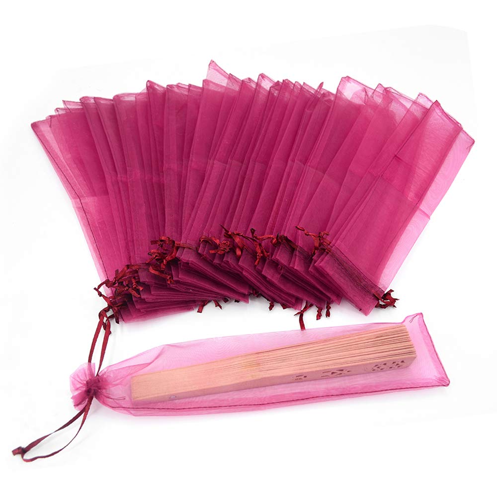 50Pcs Organza Hand Fan Bags, 2x10 Inches Folding Fan Drawstring Mesh Organza Gift Pouch for Wedding Party Bridal Shower Favor Bags (Wine)