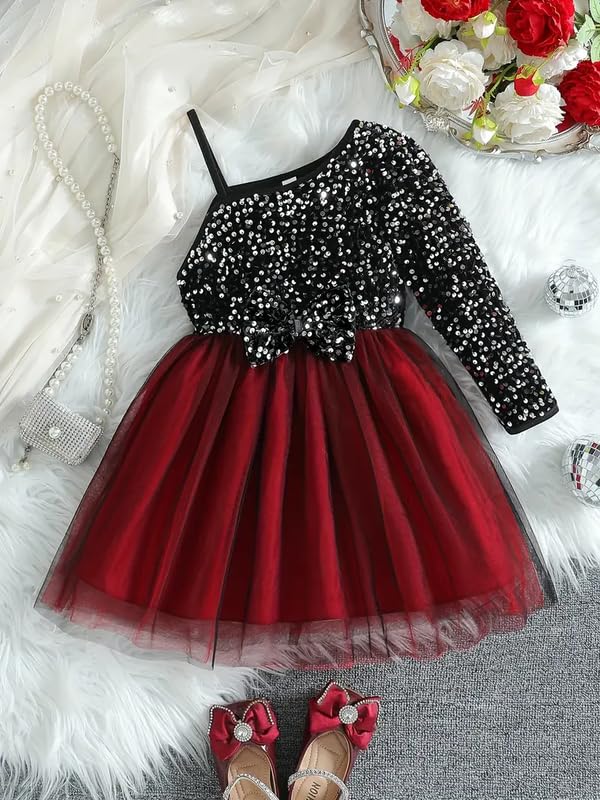 Image of Niren Enterprise Girl's Fit And Flare Knee Length Sequence String Sleeve Off Shoulder Neck Fla Dress with Sequence Bow