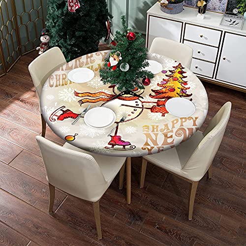 Christmas Round Tablecloth, Skating Happy Snowman With Christmas Tree Fitted Table Cloth, Ornate Snowflakes Elastic Edge Table Covers, Christmas Lodge Party Decor Present, Fits To 28" Round Tables #TOP4
