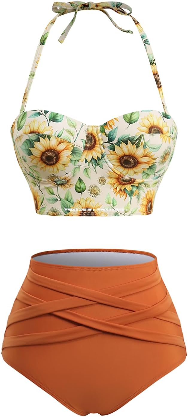 DRESSFO Retro Bikini Sets for Women 2 Piece Vintage Bikini Sunflowers Printed High Waisted Tankini Swimsuits Bathing Suit