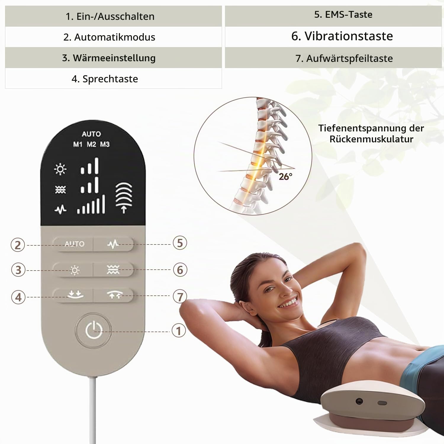Elektrischer Rückenmassagegerät, 4 in 1 Kabelloses Rückenstrecker mit EMS Elektrotherapie, Hotpacks, Vibration und Airbag Traktion, 3 Stufige Einstellung Lendenwirbel Traktionsmassagegerät für Zuhause