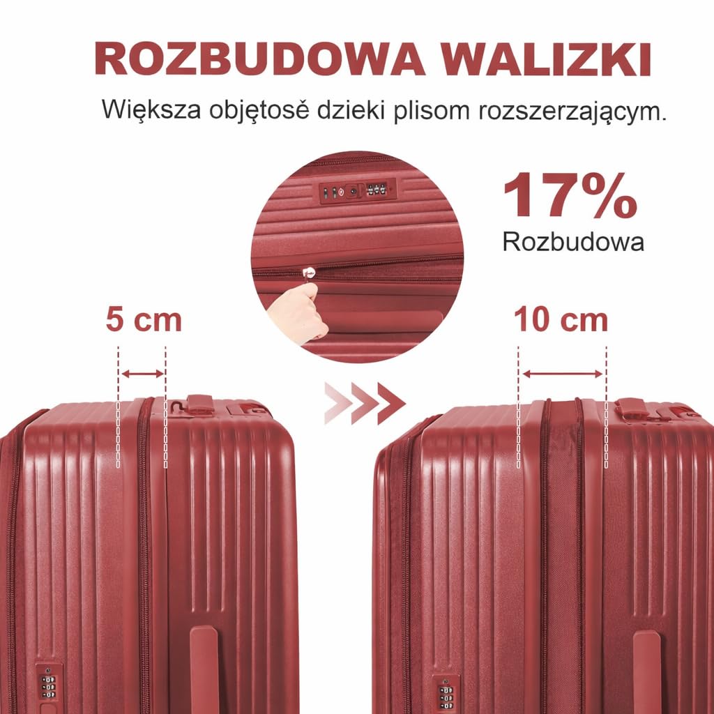 Zestaw 3 walizek z twardego poliwęglanu, specjalny system otwierania z przodu z przegródką organizera, możliwość rozszerzenia, 51 61 71 cm, zamek szyfrowy TSA, podwójne kółka 360 stopni