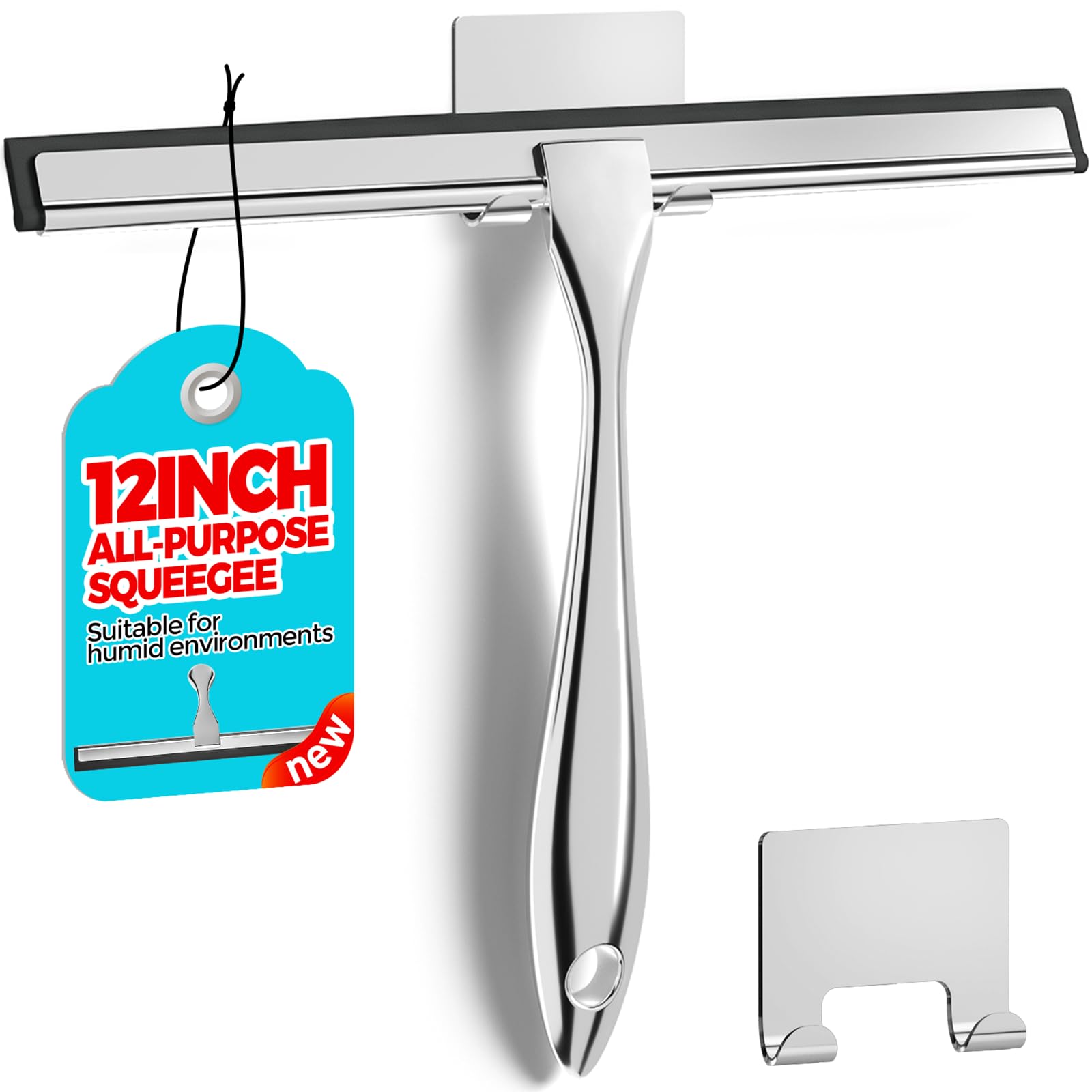 12-Inch All-Purpose Shower Squeegee for Shower Doors, Tile Shower Walls, Bathroom, Window, Glass and Car Windshield, Mirrors and Kitchen-Stainless Steel, Silver